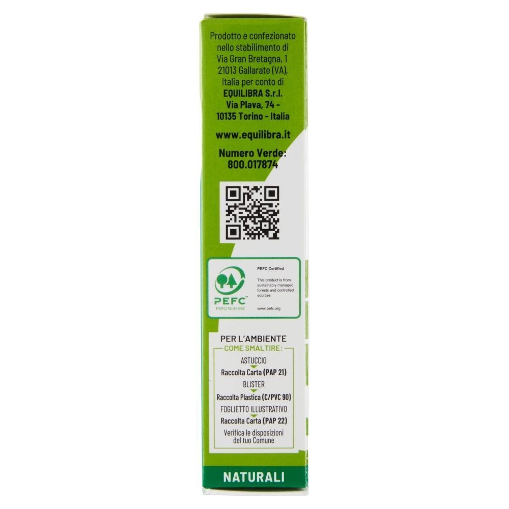 Lato di una confezione Equilibra Valeriana con dati del produttore, sito web e informazioni ambientali.