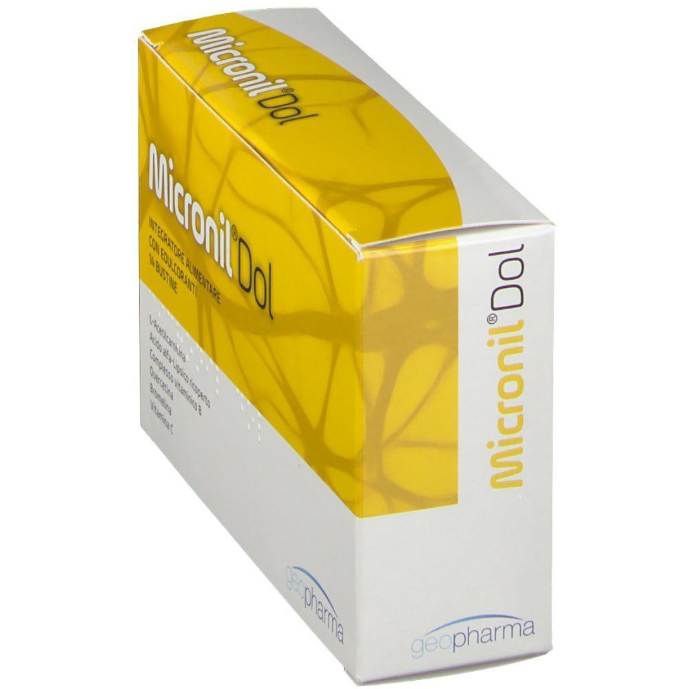 Confezione di integratore alimentare Micronil® Dol con edulcoranti, 14 bustine. Vista laterale.