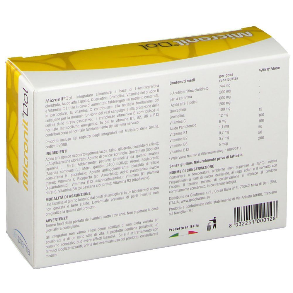 Retro di una confezione di integratore alimentare Micronil® Dol con elenco ingredienti e informazioni nutrizionali.
