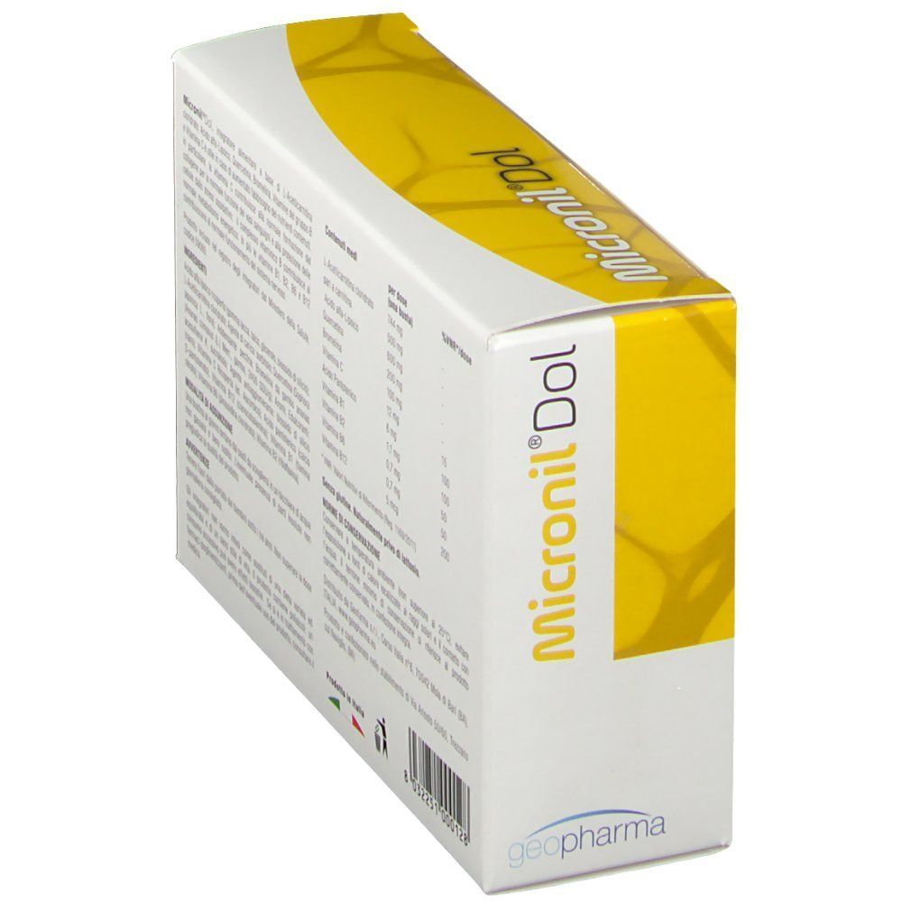 Confezione di integratore alimentare Micronil® Dol con edulcoranti, 14 bustine. Vista posteriore.