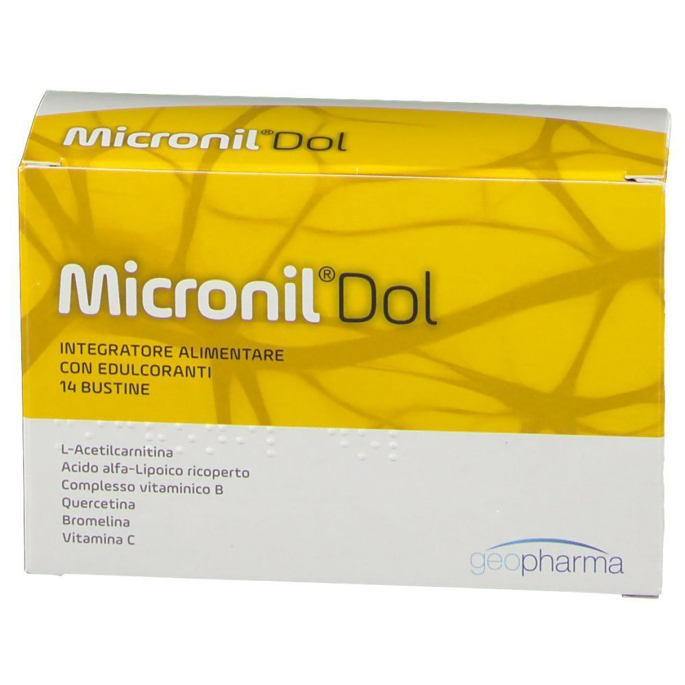 Confezione di integratore alimentare Micronil® Dol con edulcoranti, 14 bustine. Vista frontale.