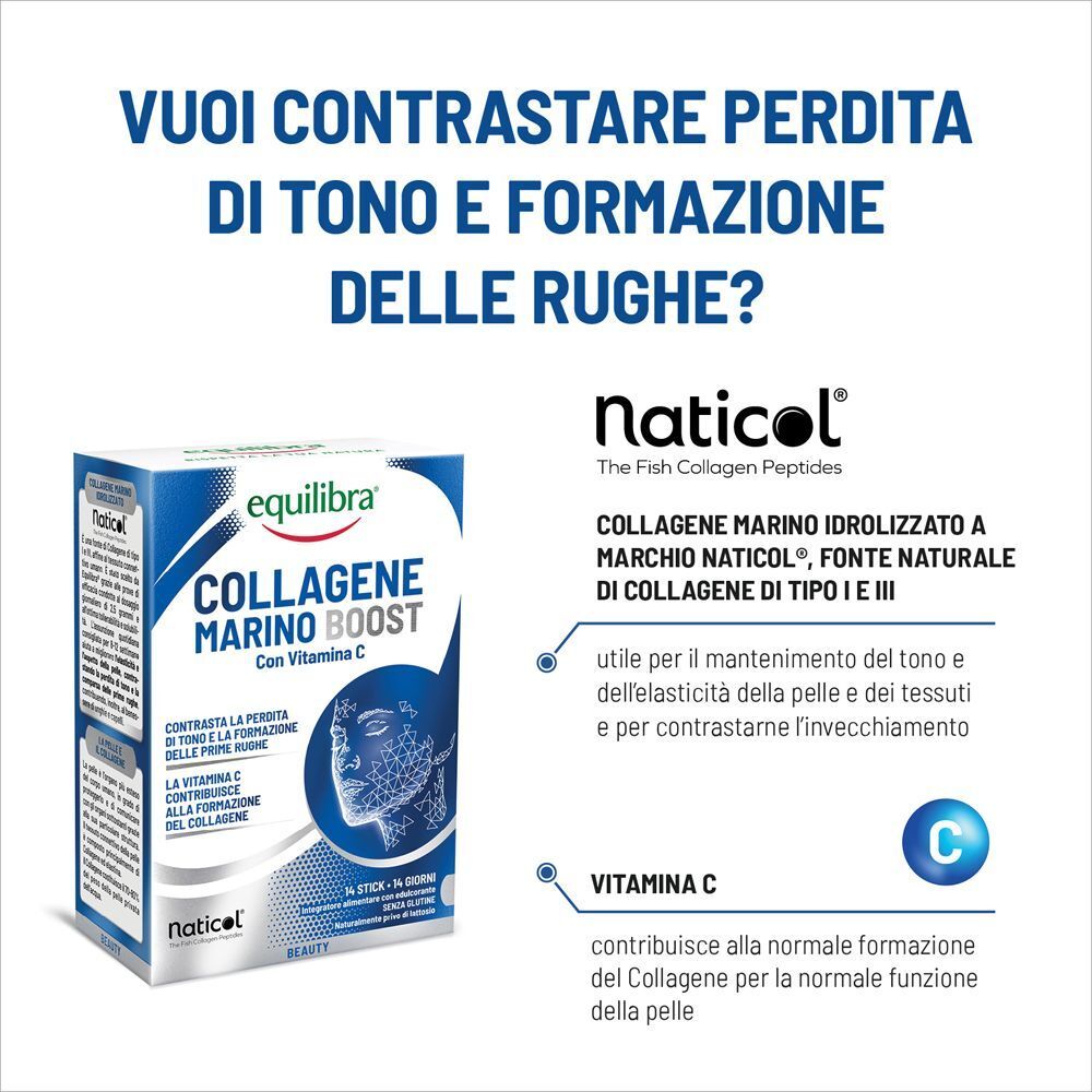 Confezione Equilibra Collagene Marino Boost Stick con informazioni su Naticol e Vitamina C.