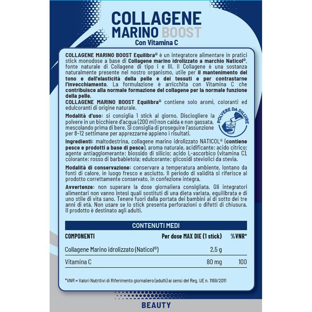 Retro di una confezione Equilibra Collagene Marino Boost Stick con ingredienti e istruzioni.