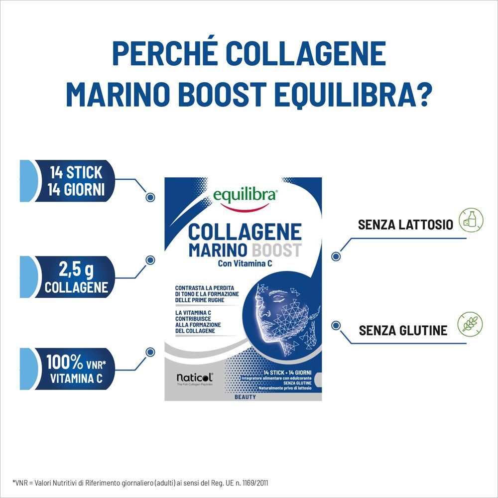 Una scatola Equilibra Collagene Marino Boost Stick con dettagli su ingredienti e Vitamina C.