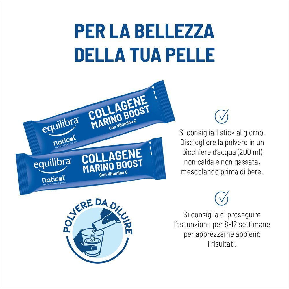 Due bustine Equilibra Collagene Marino Boost Stick con istruzioni per la preparazione.