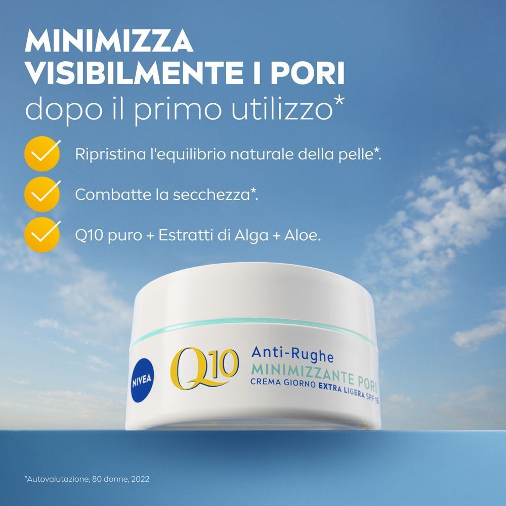 Crema giorno Nivea Q10 Anti-Rughe Minimizzante Pori in vasetto, con SPF 15.