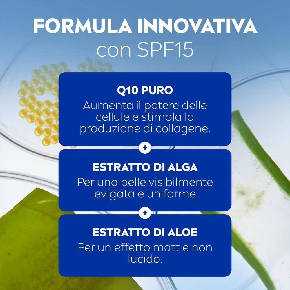 Crema giorno Nivea Q10 con SPF 15: Q10, estratti di alga e aloe.