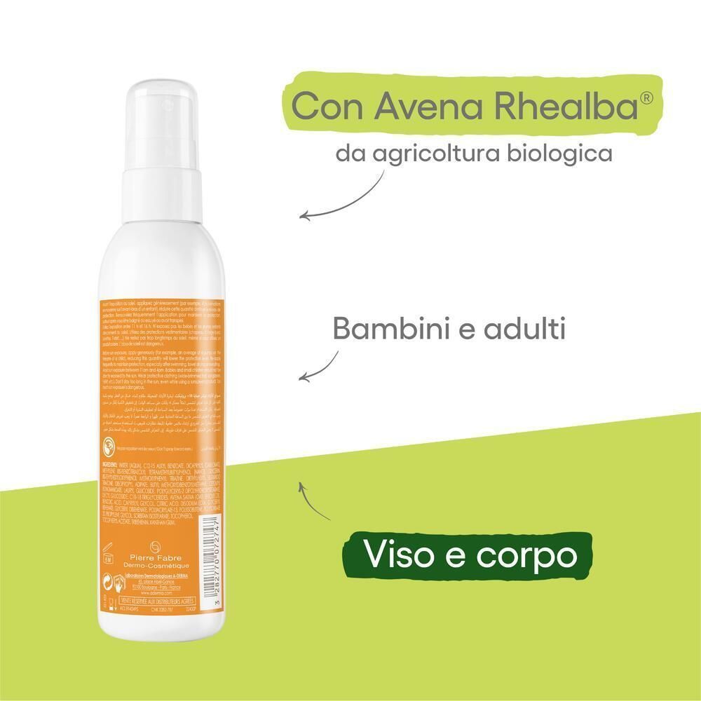 Spray A-Derma Protect Kids SPF50+ con indicazioni su Avena Rhealba, agricoltura bio, per bambini e adulti.