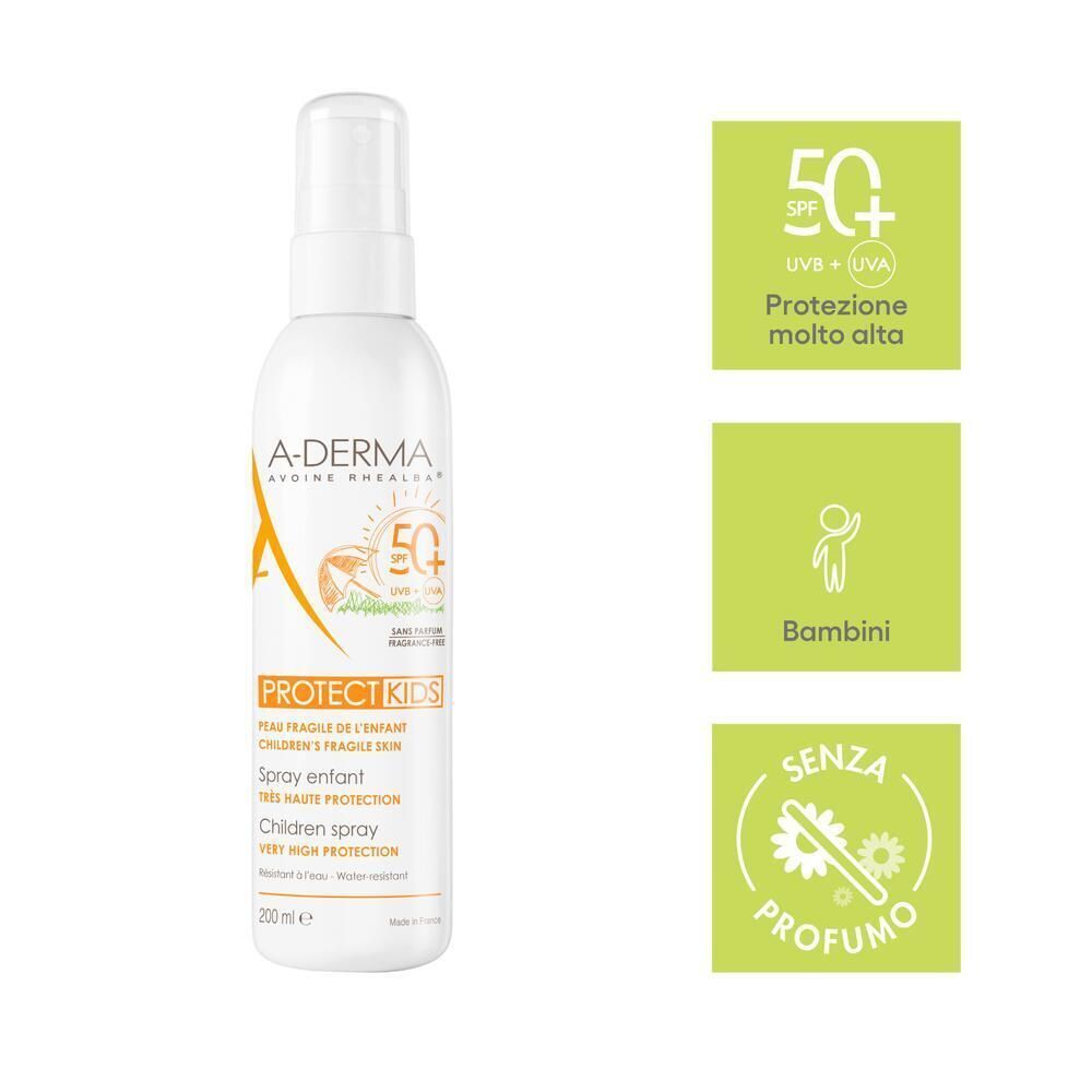 Spray solare A-Derma Protect Kids SPF50+ con icone per alta protezione, bambini, senza profumo.