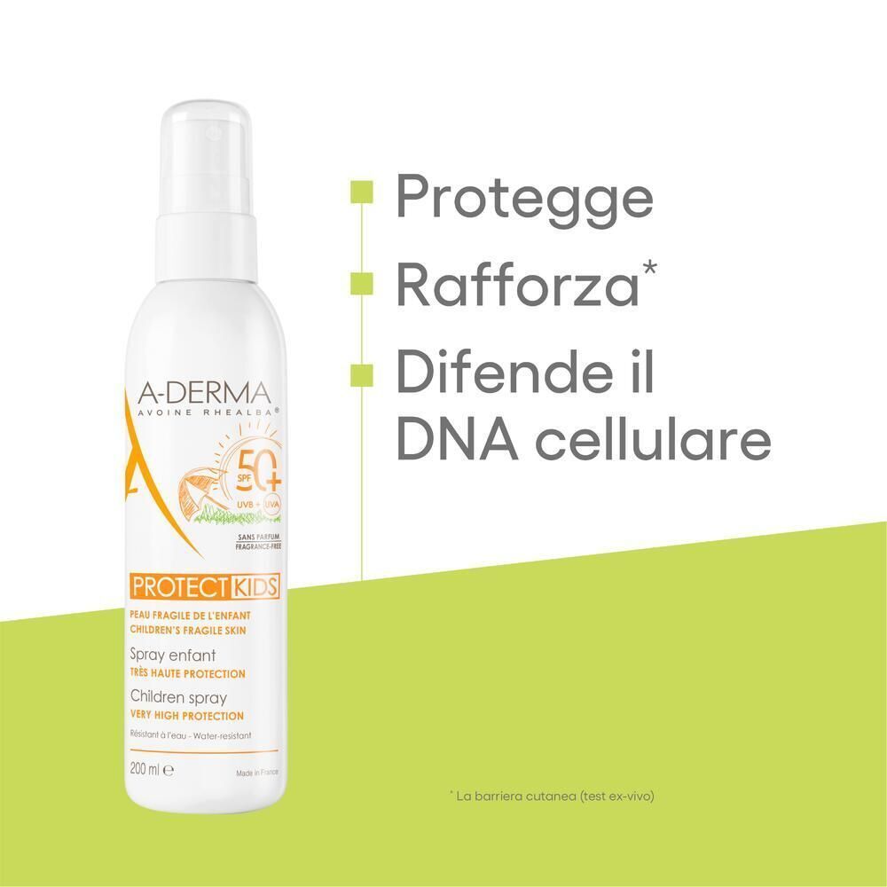 Spray solare A-Derma Protect Kids SPF50+ con indicazioni su protezione e DNA cellulare.