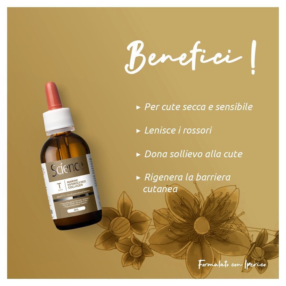 Flacone di olio di collagene marino idrolizzato Science Hair Care accanto a fiori stilizzati.