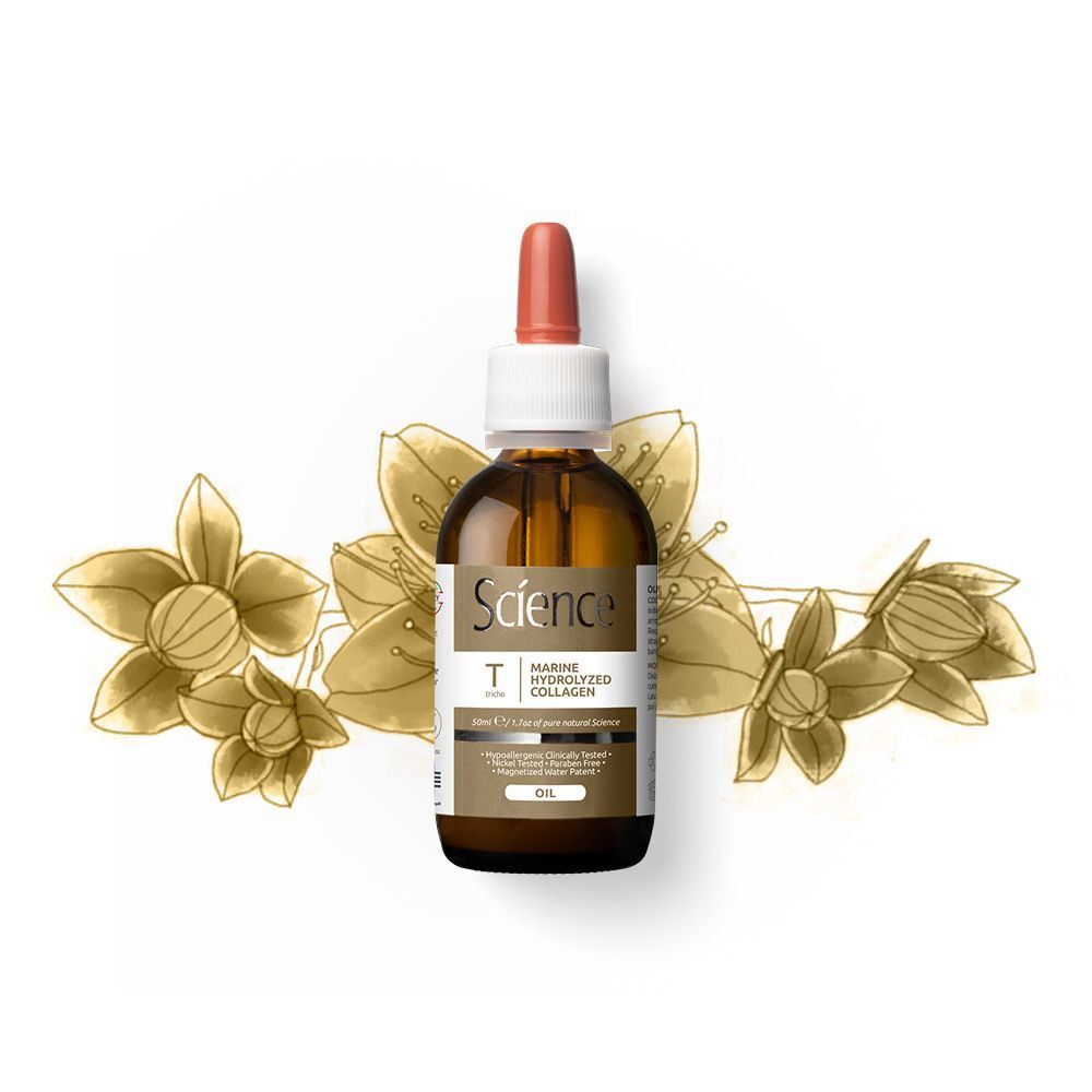 Flacone di olio di collagene marino idrolizzato Science Hair Care con illustrazione floreale.