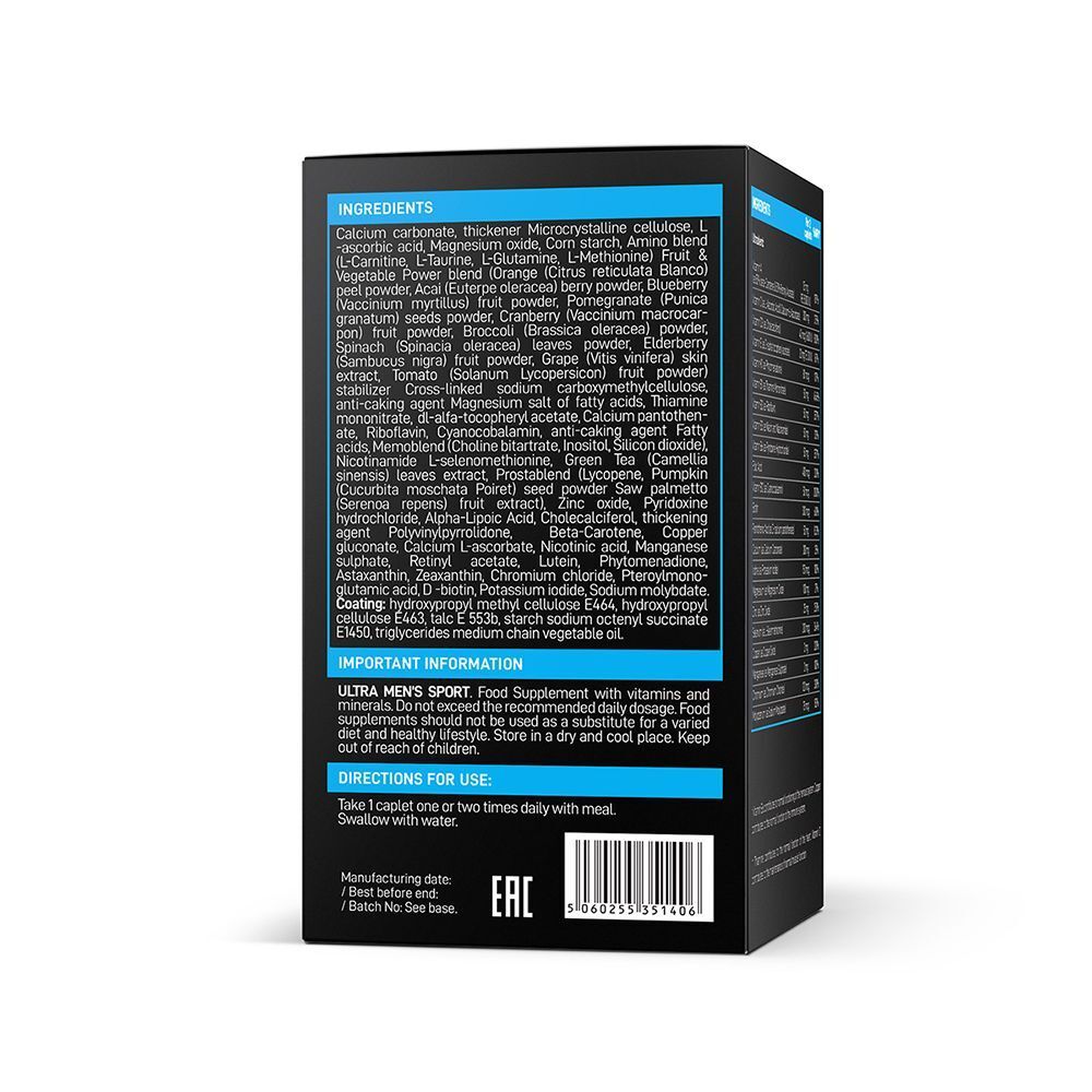 Retro di una confezione VPLAB Ultra Men's Sport Multivitamin Formula con elenco ingredienti e informazioni importanti.