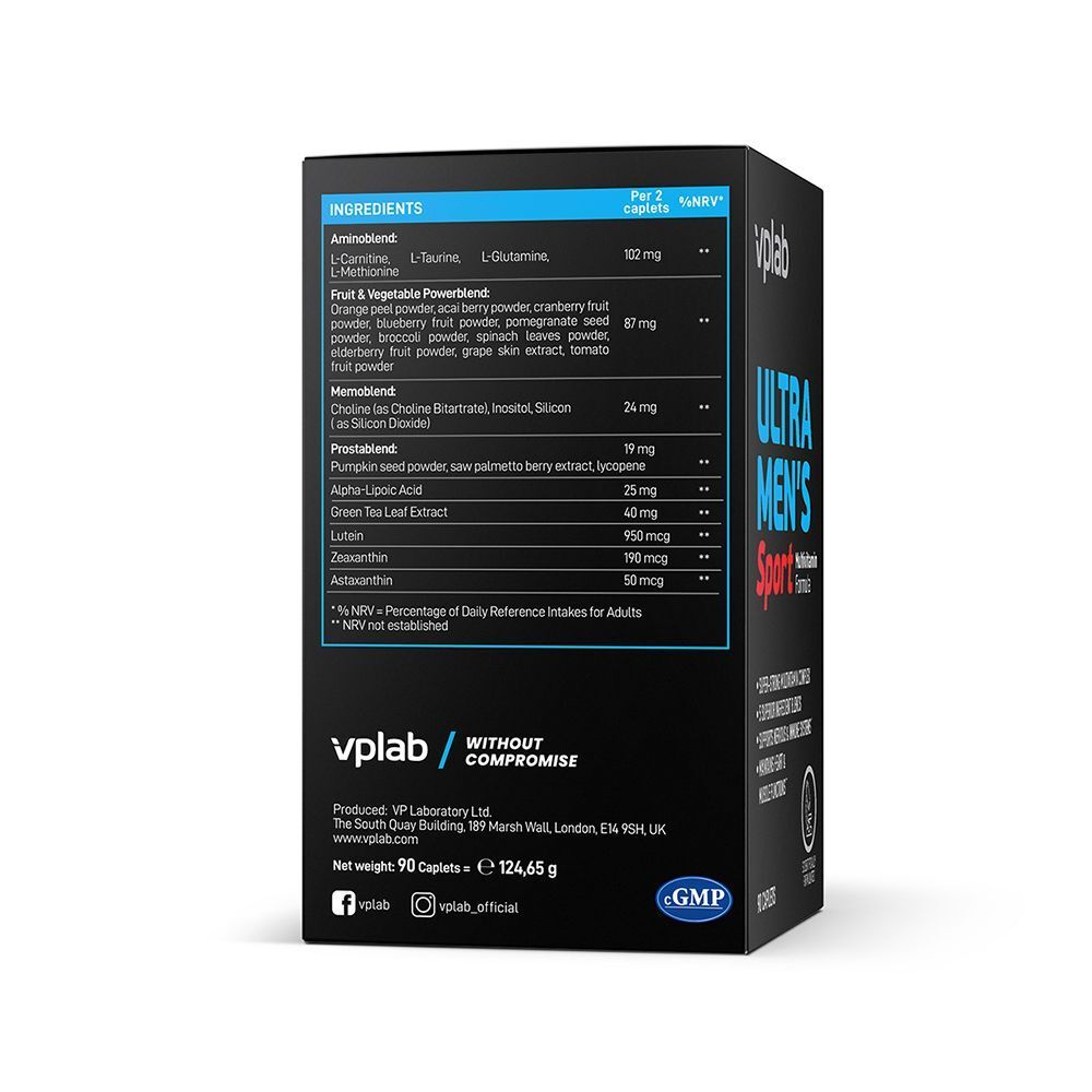 Vista laterale di una confezione VPLAB Ultra Men's Sport Multivitamin Formula con ingredienti e sigillo GMP.
