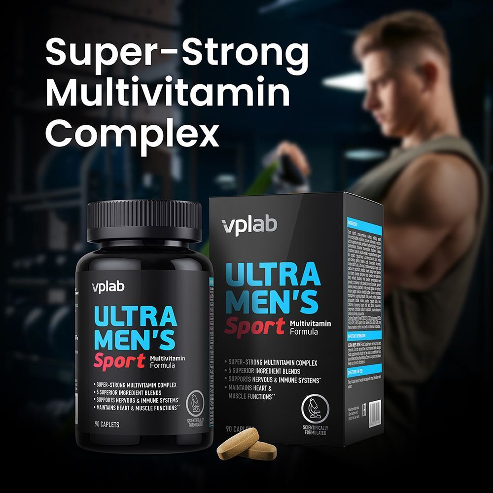 Flacone e confezione VPLAB Ultra Men's Sport Multivitamin Formula con due capsule accanto.