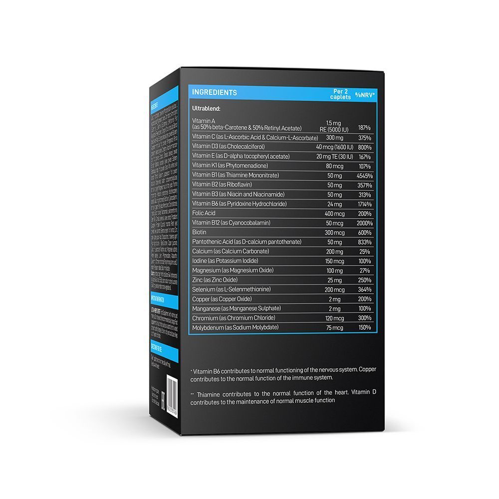 Vista laterale di una scatola VPLAB Ultra Men's Sport Multivitamin Formula con tabella nutrizionale dettagliata.