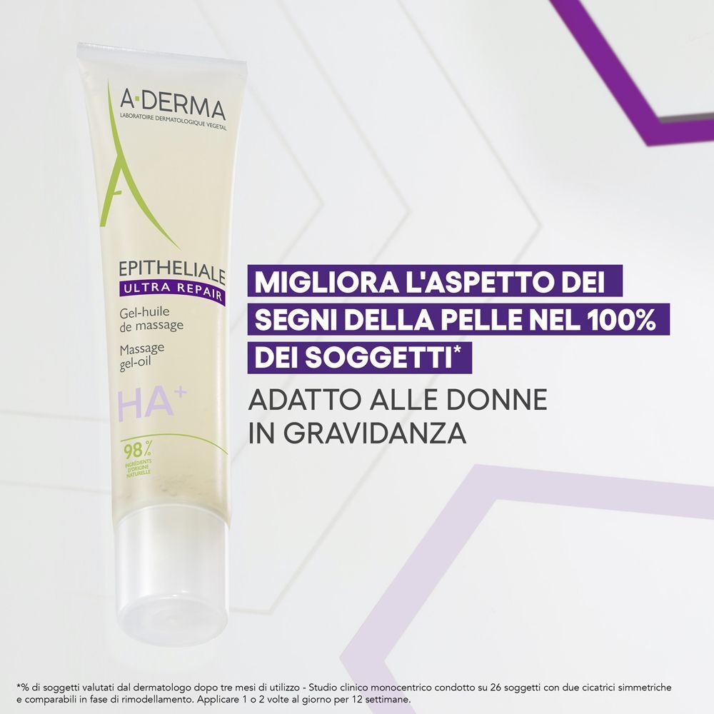 Un tubo A-Derma Epitheliale Ultra Repair Gel-Olio accanto a testo sul miglioramento della pelle.