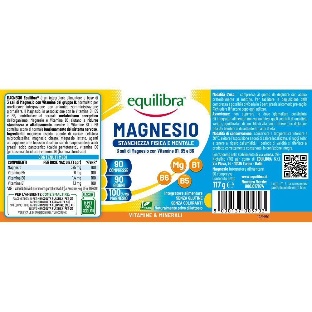 Primo piano dell'etichetta di un flacone di Equilibra Magnesio con informazioni nutrizionali e vitamine B1, B6, B5.