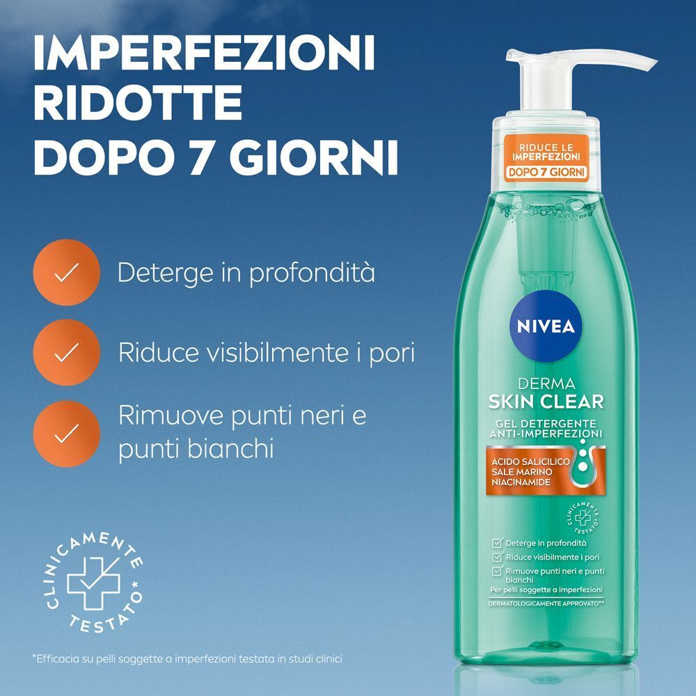 Flacone di gel Nivea Derma Skin Clear con dispenser a pompa, clinicamente testato.