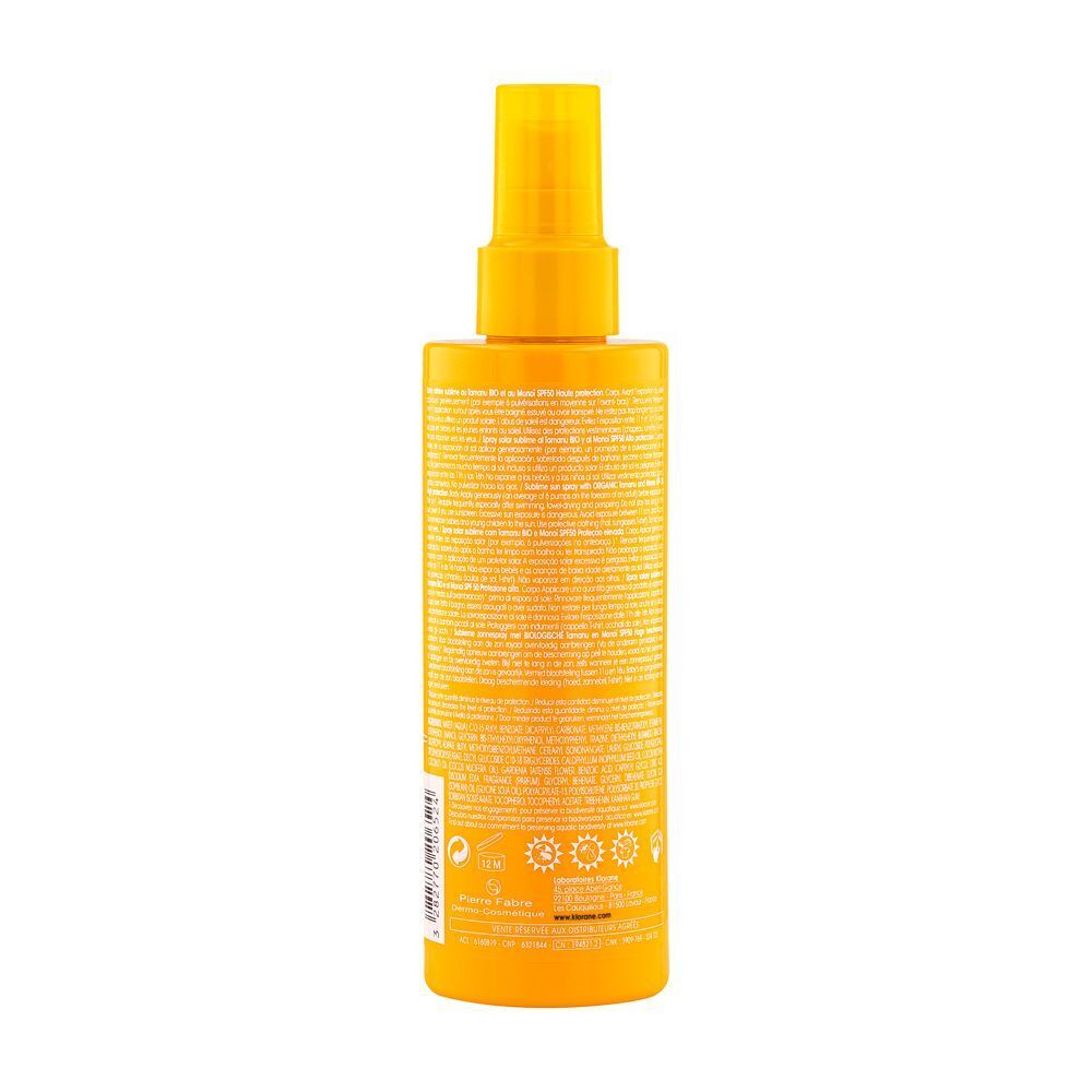 Retro di un flacone spray Klorane con protezione solare SPF 50.
