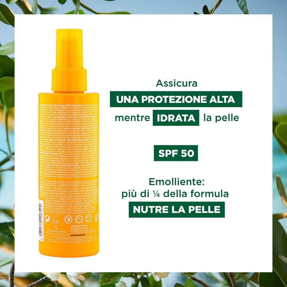 Retro di un flacone spray solare Klorane con istruzioni dettagliate e lista ingredienti.