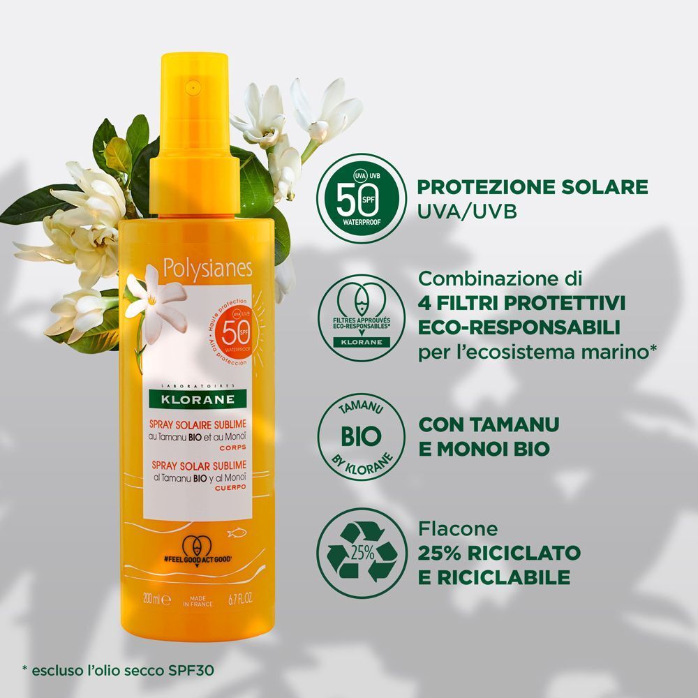 Spray solare Klorane SPF 50 Tamanu e Monoi BIO. Alta protezione UVA/UVB, flacone riciclato al 25%.