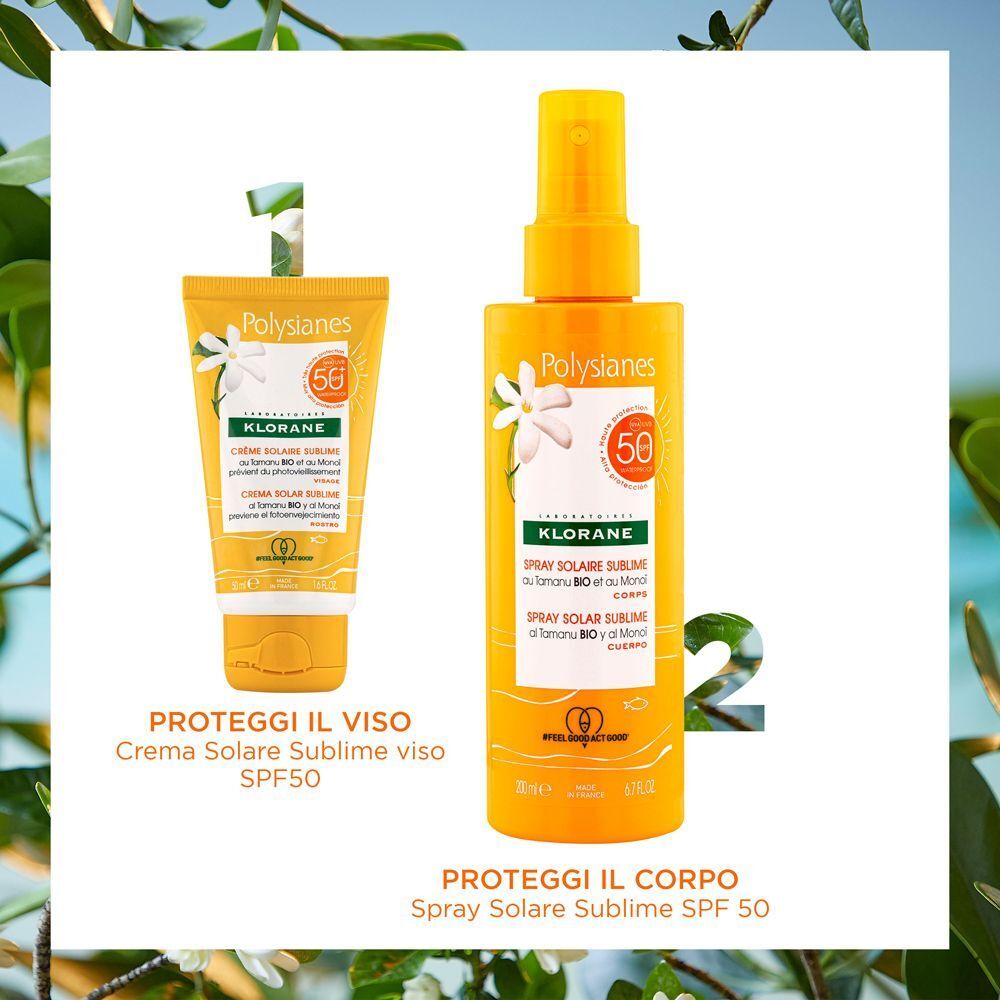 Solari Klorane per viso e corpo. Crema SPF 50 e spray SPF 50 al Tamanu e Monoi BIO.