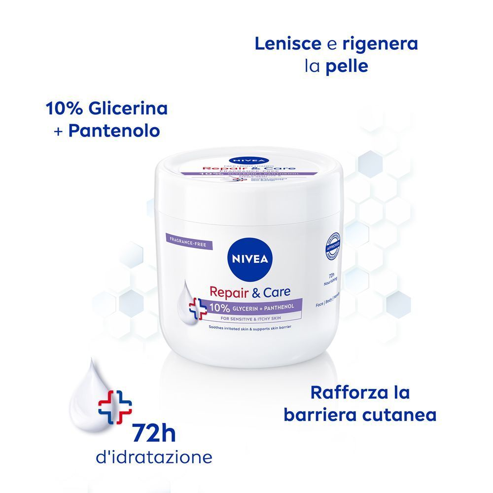 Barattolo Nivea Repair & Care con 10% glicerina, pantenolo, idratazione 72h.