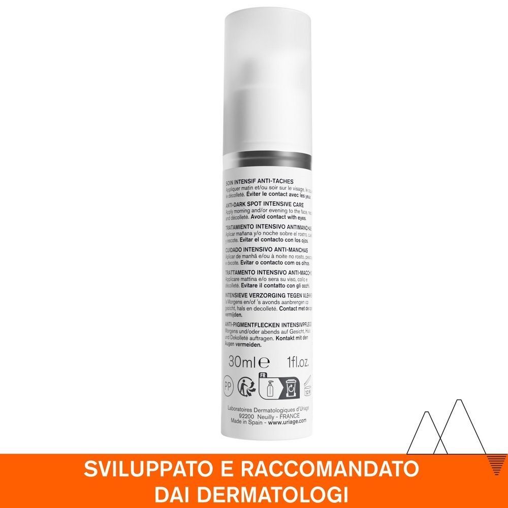 Retro di un flacone URIAGE DEPIDERM crema intensiva anti-macchie con elenco ingredienti e indicazione 30ml/1 fl.oz.