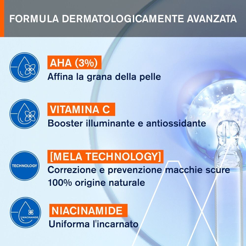 Ingredienti URIAGE DEPIDERM: AHA (3%), Vitamina C, Mela Technology, Niacinamide per la cura della pelle.