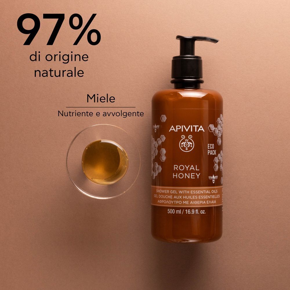 Gel doccia APIVITA ROYAL HONEY con miele in una ciotola. Testo: 97% di origine naturale, miele nutriente.