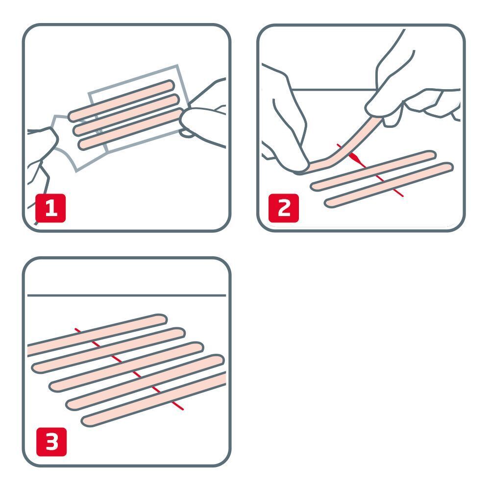 Istruzioni passo-passo per l'applicazione dei cerotti Leukoplast Leukosan Strip.