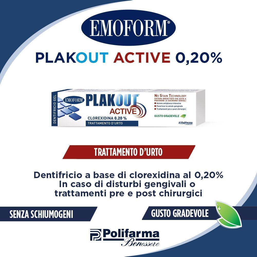 Dentifricio Emoform Plak Out Active con Clorexidina 0,20%. Trattamento smalto dentale.