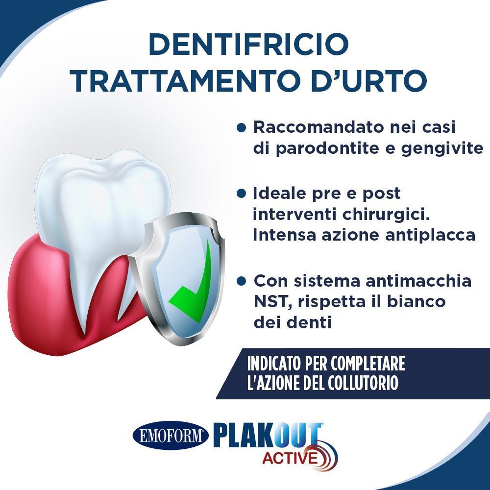 Dente e scudo protettivo con uncino. Emoform Plak Out Active dentifricio trattamento d'urto.