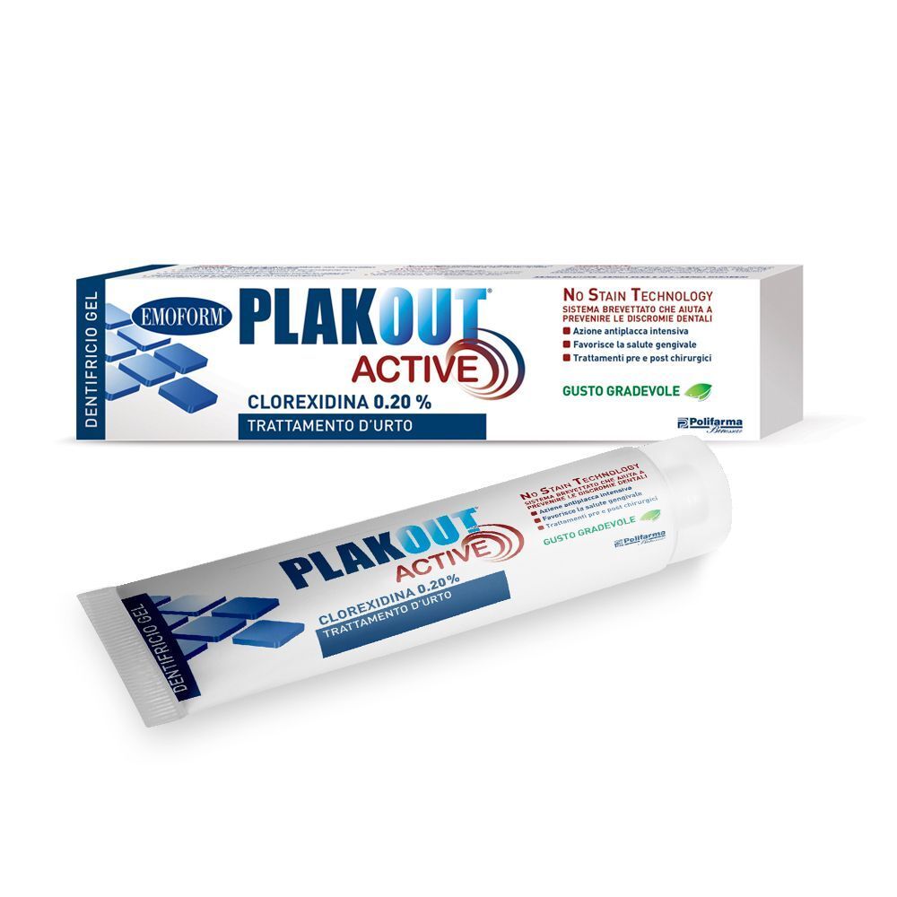 Tubetto e astuccio dentifricio Emoform Plak Out Active con Clorexidina 0,20%.