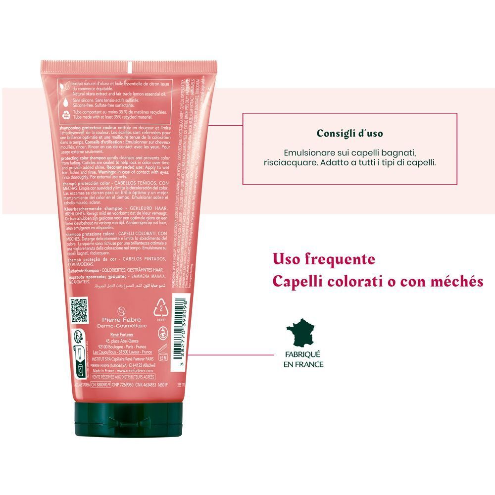 Retro di un flacone di shampoo René Furterer Color Glow con istruzioni.