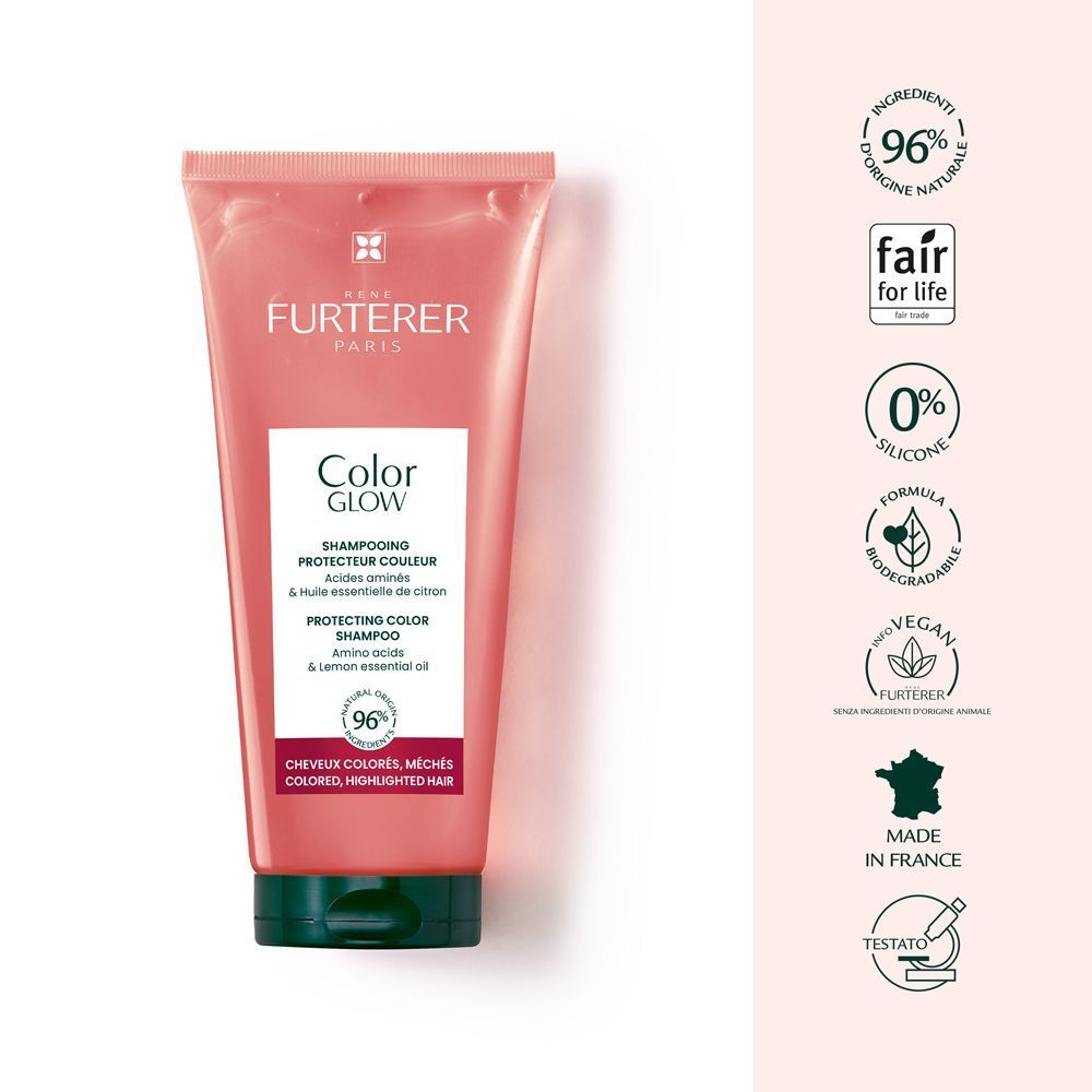 Flacone di shampoo René Furterer Color Glow con vari sigilli e certificazioni.