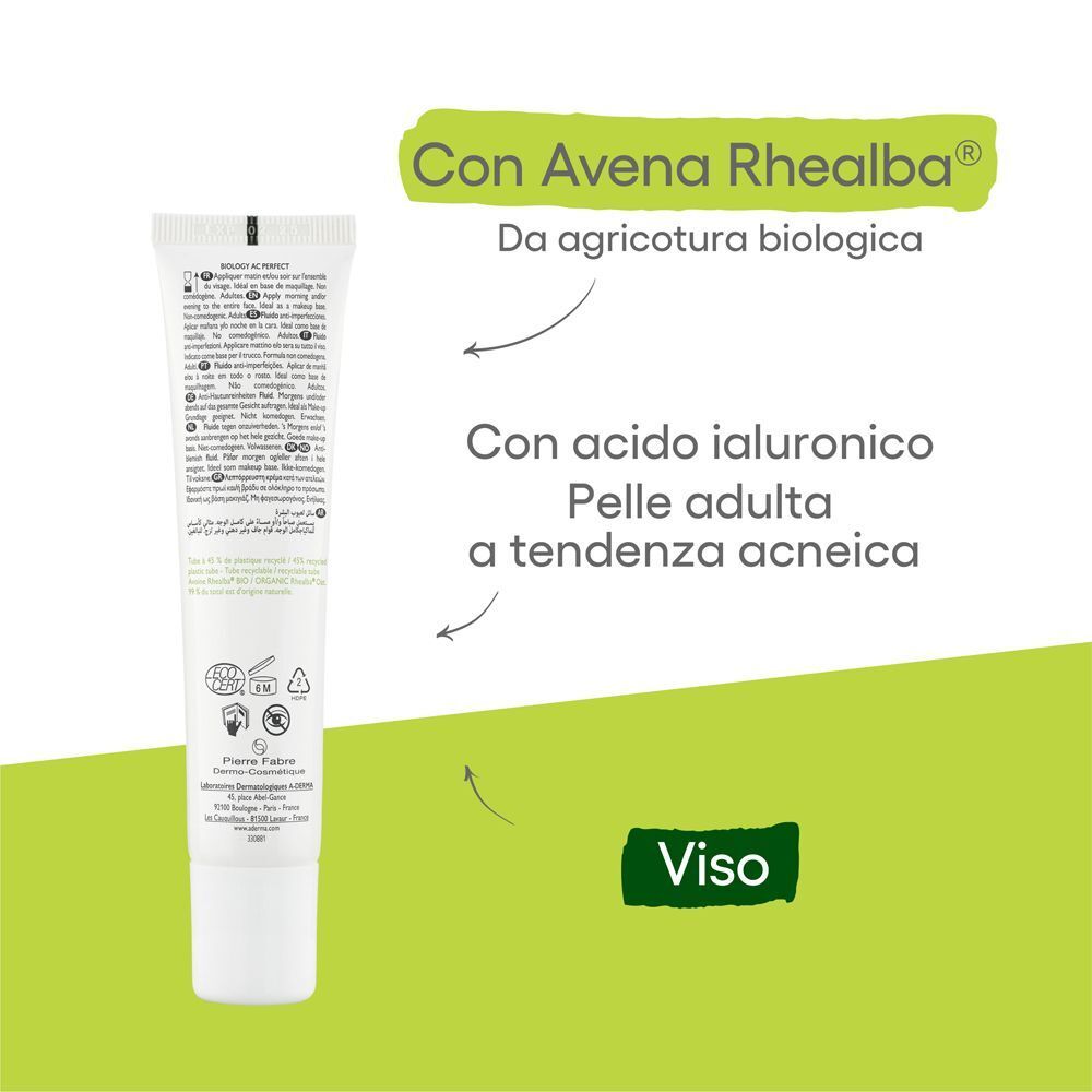 Retro di un tubo A-Derma Biology AC Perfect con ingredienti e istruzioni.