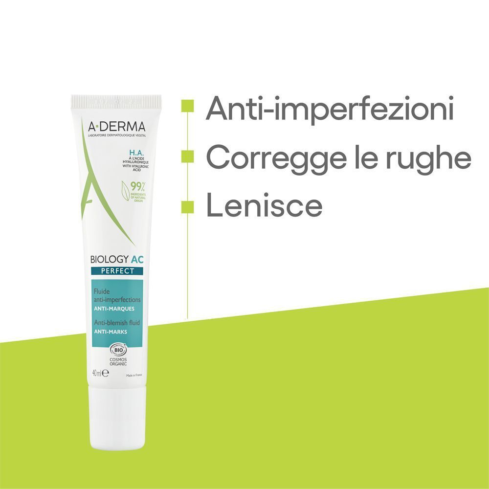 Tubo A-Derma Biology AC Perfect con testo su anti-segni, correzione rughe, levigatezza.