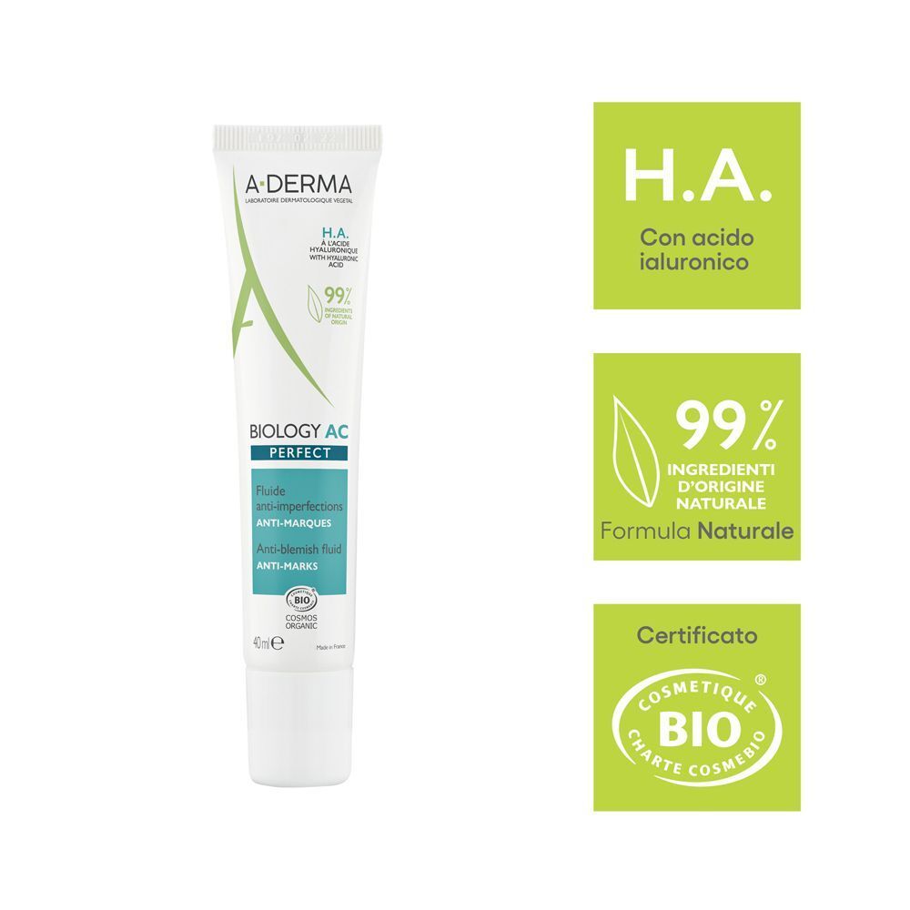 Tubo A-Derma Biology AC Perfect con indicazioni su acido ialuronico e formula naturale.