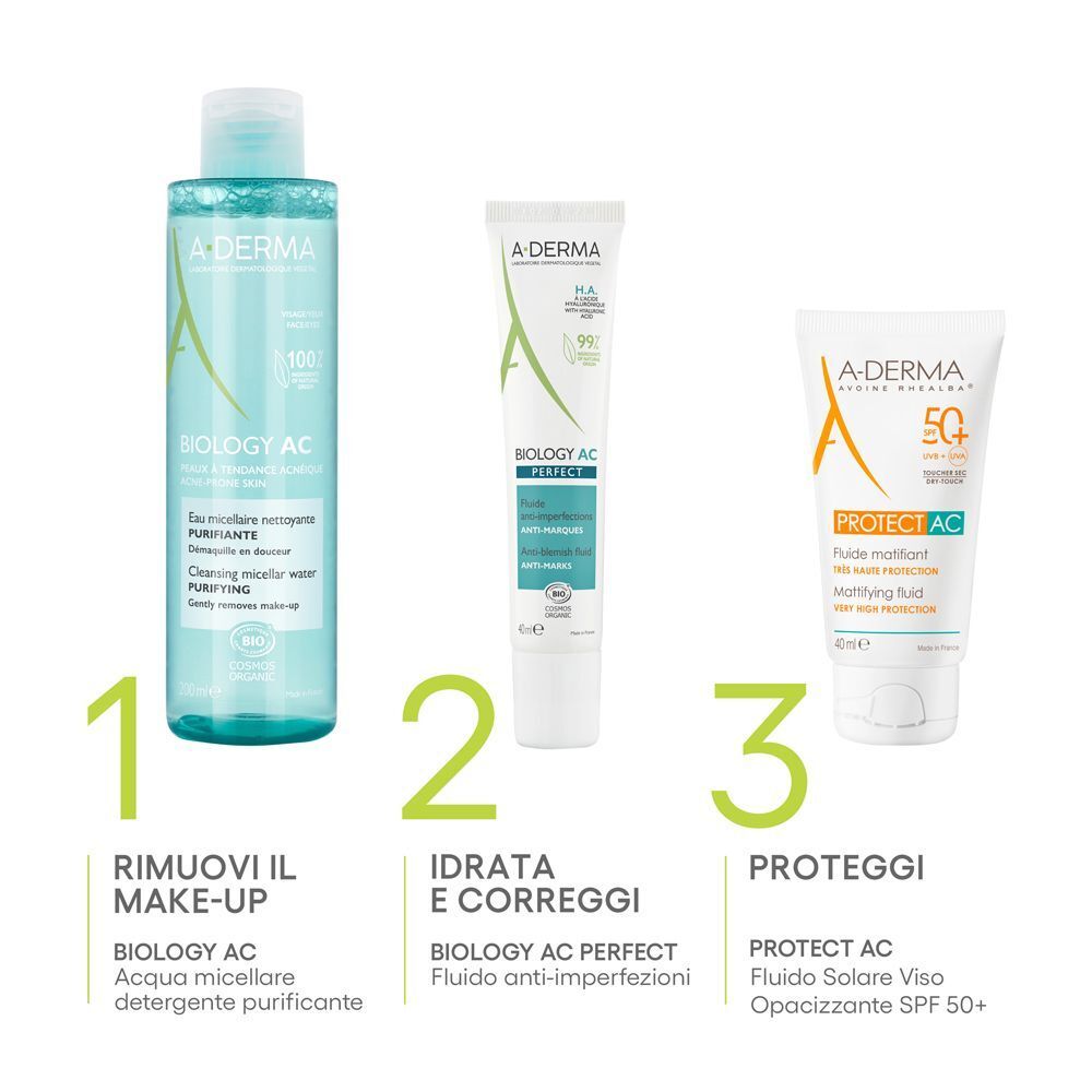 Routine A-Derma Biology AC: struccante, fluido anti-segni, protezione solare.