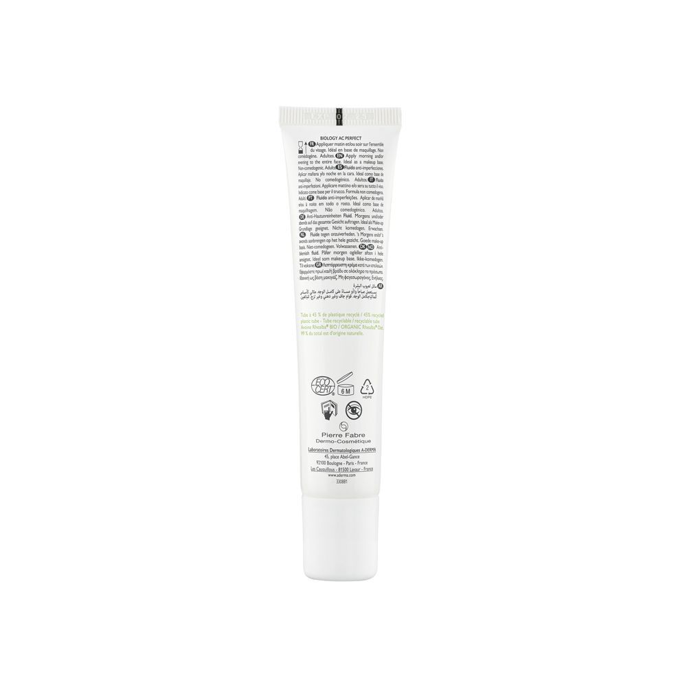 Retro di un tubo A-Derma Biology AC Perfect con certificazioni e informazioni produttore.