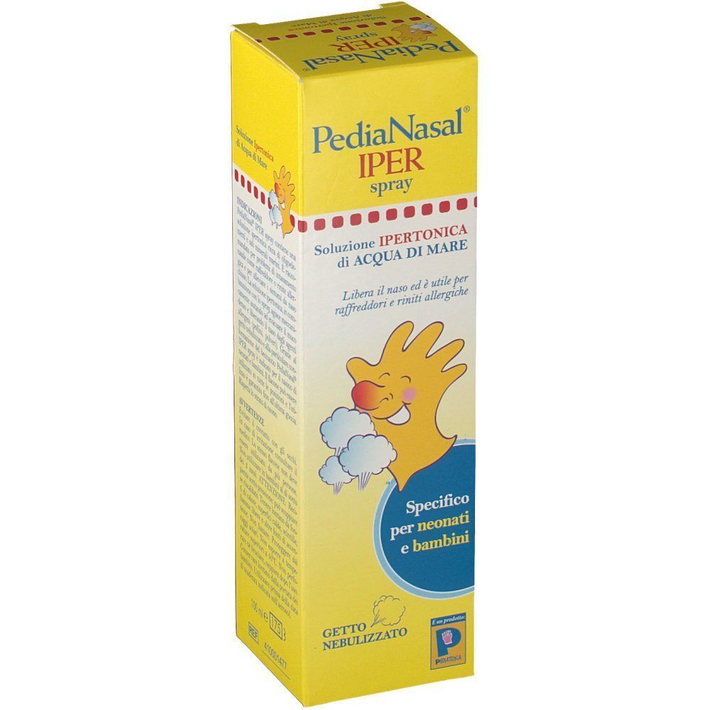 Fronte di una scatola gialla PediaNasal Iper Spray con un drago dei cartoni animati e nuvole.