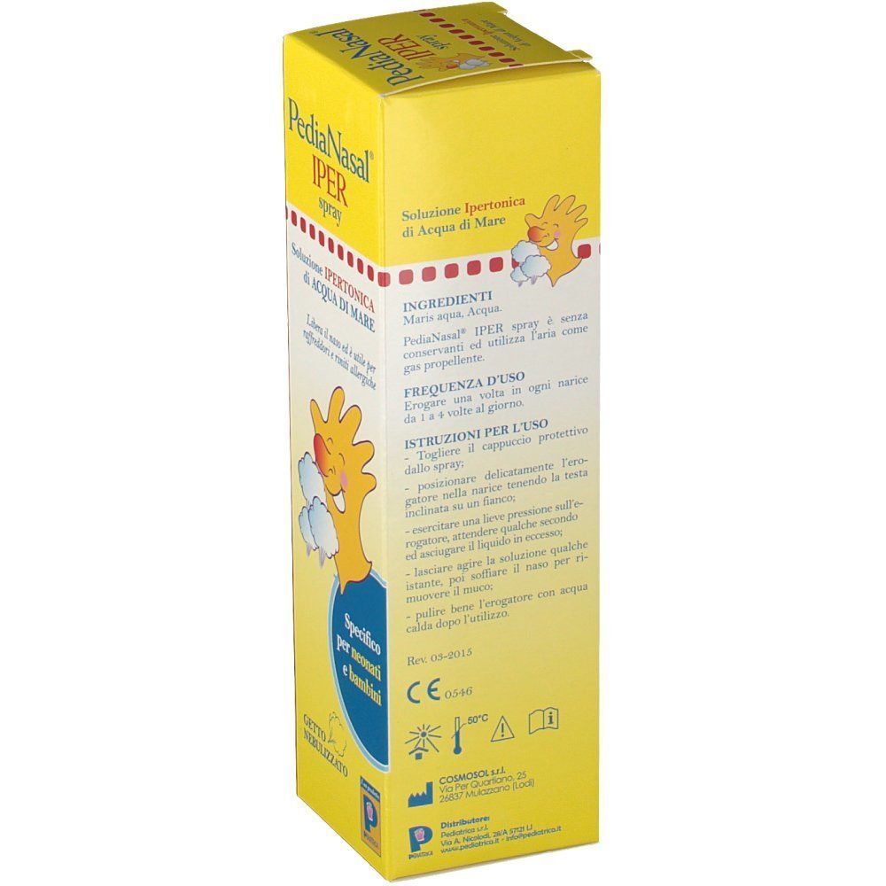 Vista laterale di una scatola gialla PediaNasal Iper Spray con ingredienti e istruzioni per l'uso.