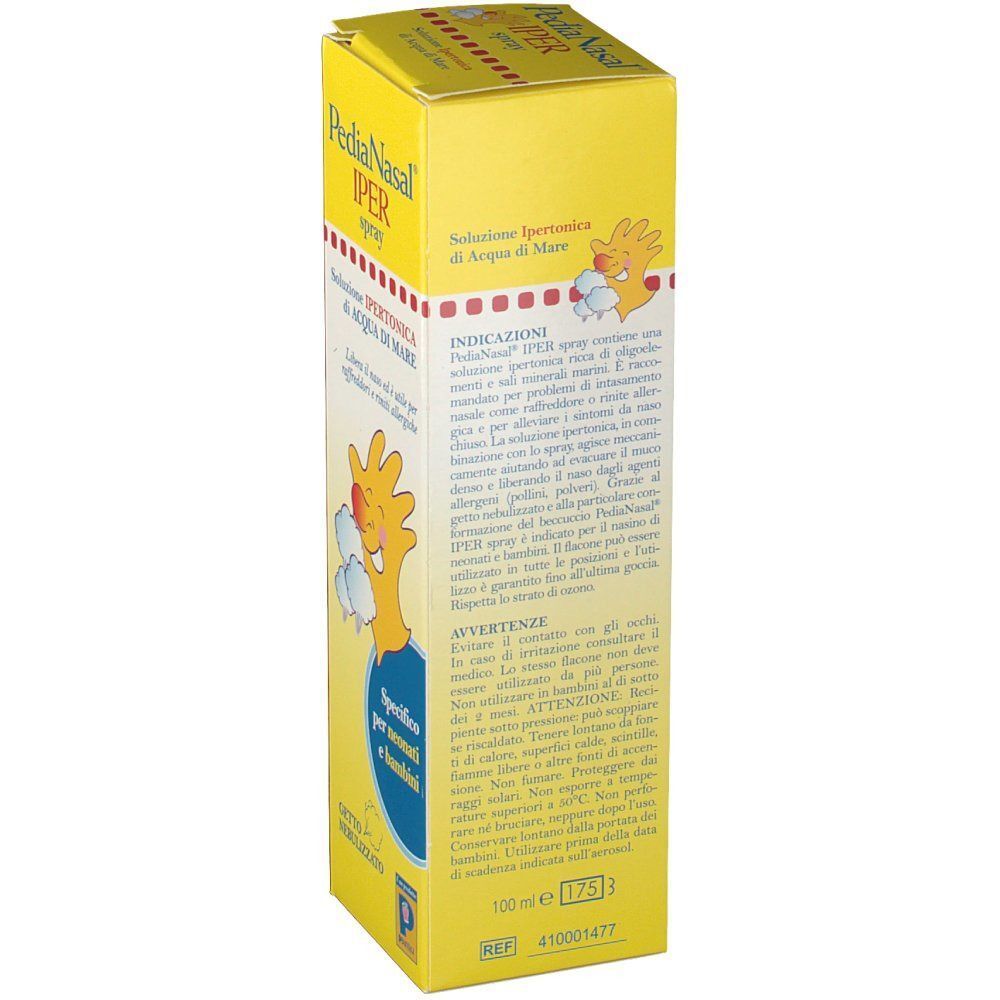 Retro di una confezione PediaNasal Iper Spray con indicazioni d'uso e marchio CE.
