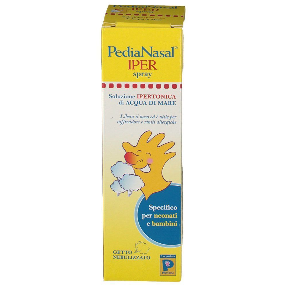 Fronte di una confezione PediaNasal Iper Spray, gialla con grafica e testo infantile.