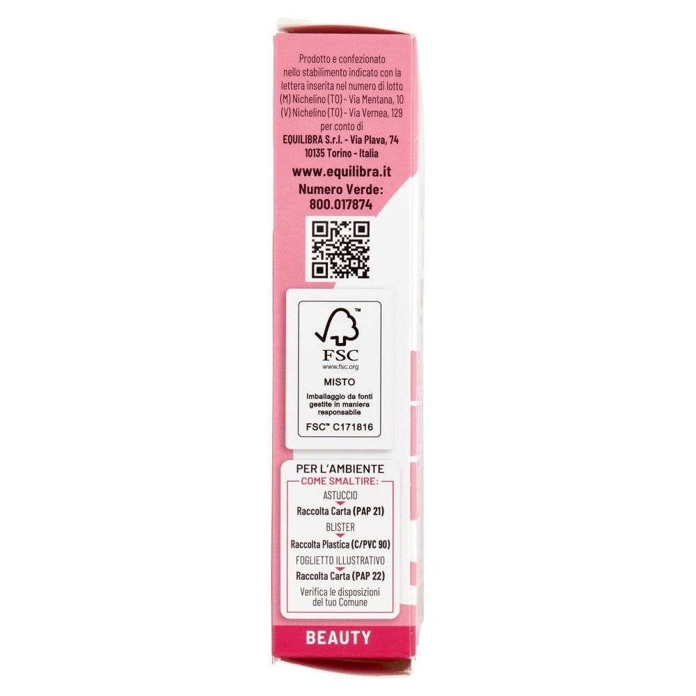 Vista laterale di una confezione Equilibra Ialuronico Beauty con certificazione FSC e informazioni sul riciclo.
