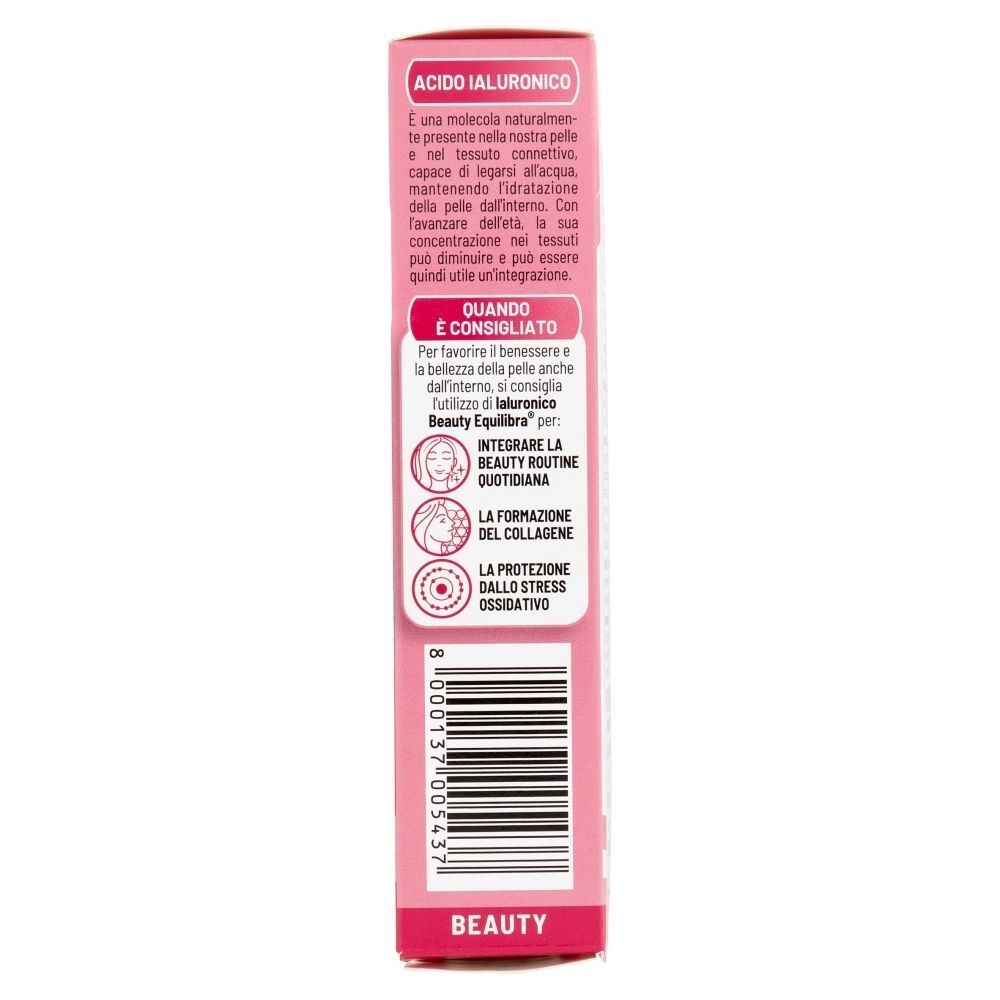 Vista laterale di una confezione Equilibra Ialuronico Beauty con informazioni sull'acido ialuronico e i suoi benefici.
