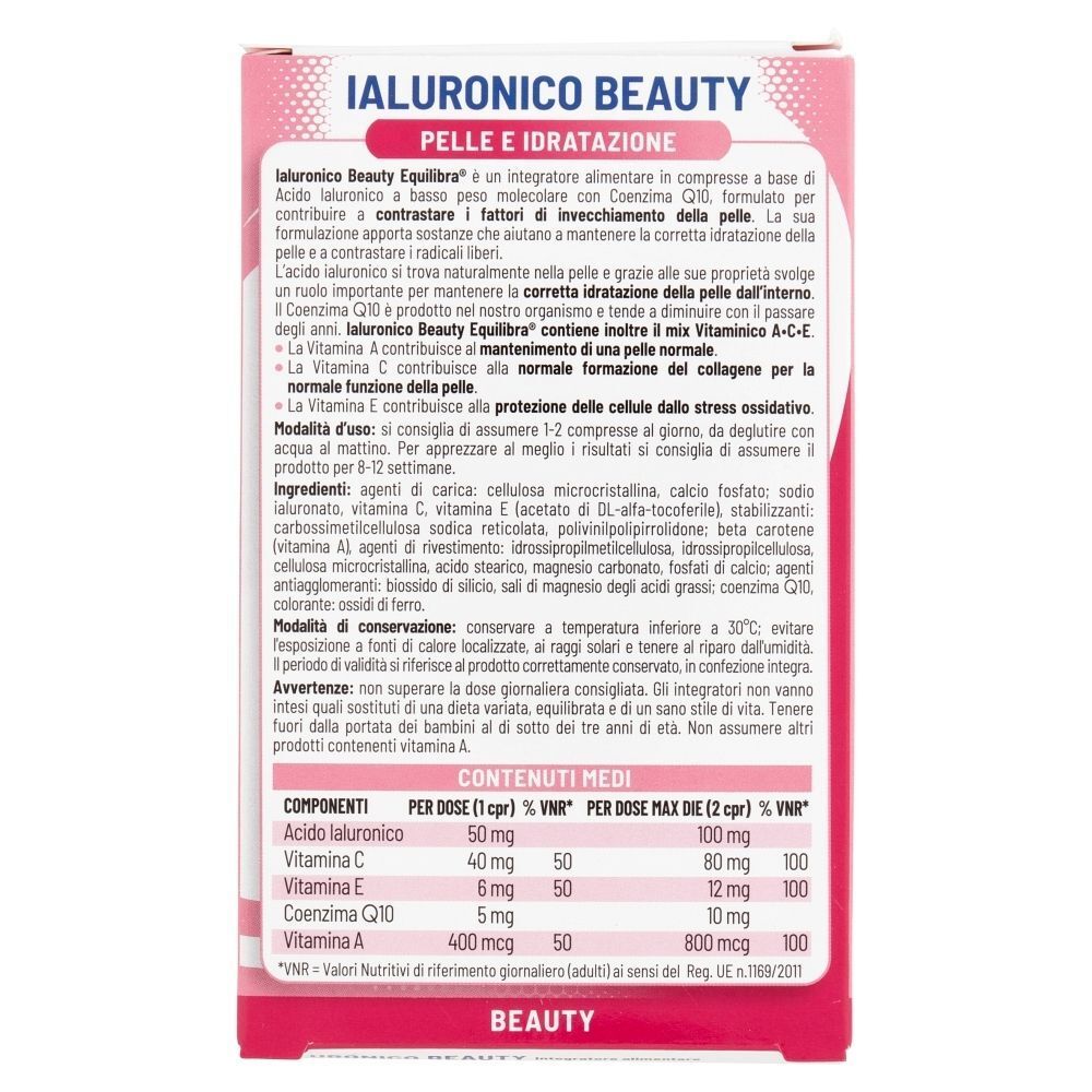 Retro di una confezione Equilibra Ialuronico Beauty con informazioni sul prodotto.