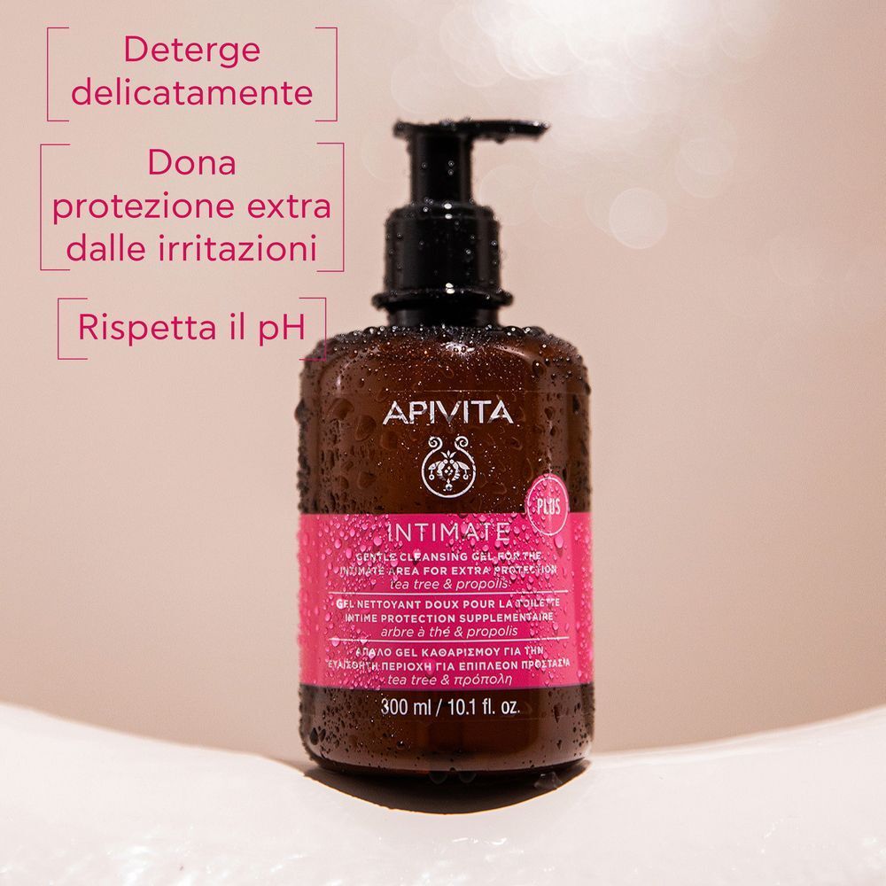 Gel detergente Apivita Intimate Plus in flacone marrone con dispenser a pompa.